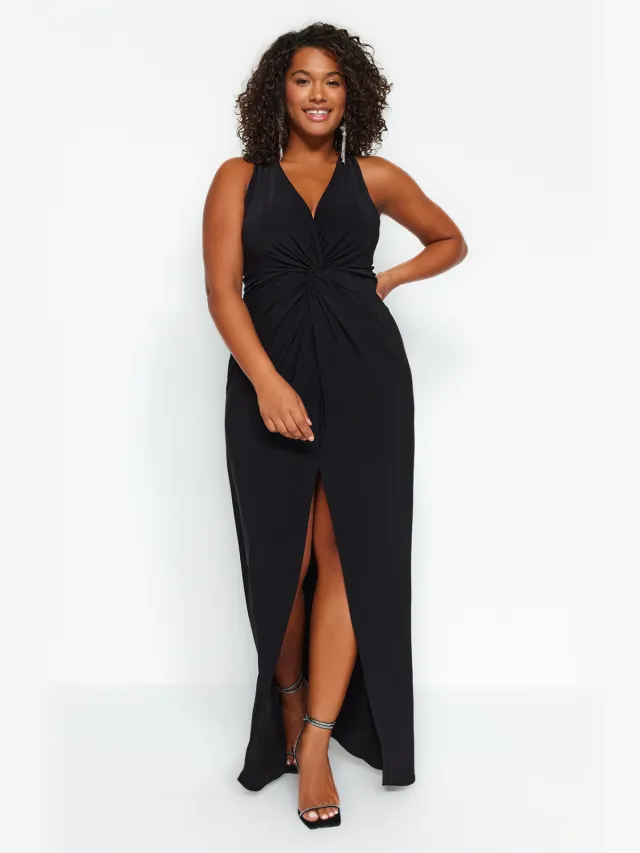 Trendyol Curve Dames Zwart Effen Midi Mouwloos Stijlvol/Avond Recht Grote maten Jurk