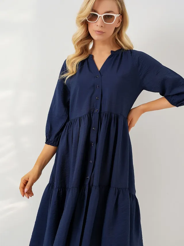 Big Dart Gestructureerde Midi-jurk met Knopsluiting Marineblauw