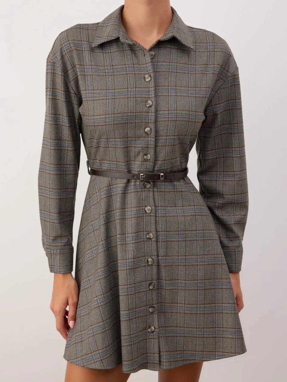 Trendyol TRENDYOLMİLLA Dames Bruin Geruit Kort / Mini Lang Casual Blousejurk Jurken, foto 2