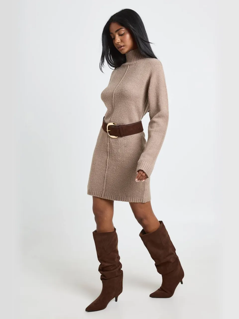 boohoo Dames Gebreide Mini Trui-jurk Met Hoge Hals En Naaddetail taupe, foto 3