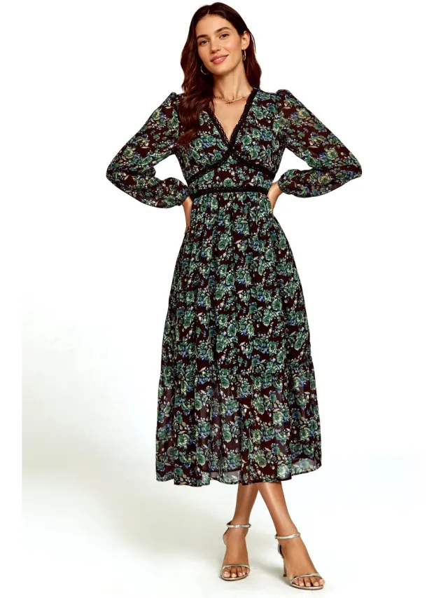 FS Collection Midi-jurk met bloemenprint en lange mouwen in bruin Groen