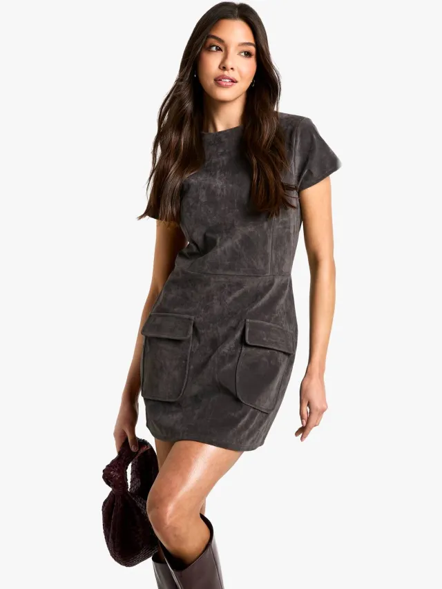boohoo Dames Mini jurk in suede met capmouwen Houtskool