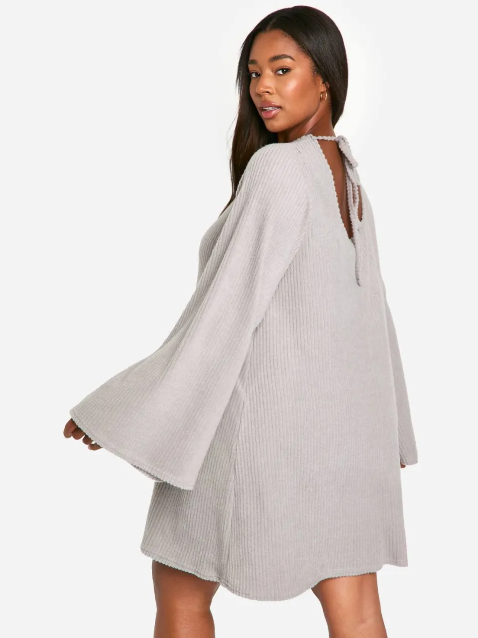 boohoo Dames Plus Soft Rib Tie-back Smock Jurk grijze mergel, foto 2
