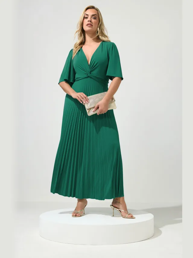 Yours London Aquagroene Geplooide Maxijurk Met Knoop Green