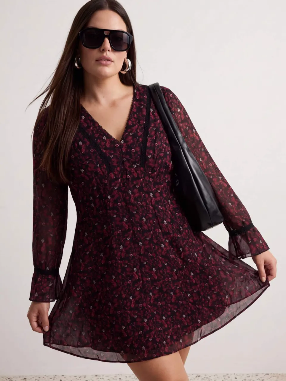 Trendyol Curve Dames Bordeaux Bloemen Kort / Mini Lang A-lijn Grote maten Jurk, foto 2