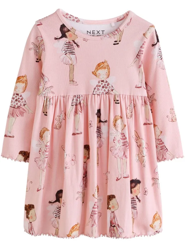 Next Meisjes - Geribbelde jurk met lange mouwen - Roze Pink Fairy Bunny