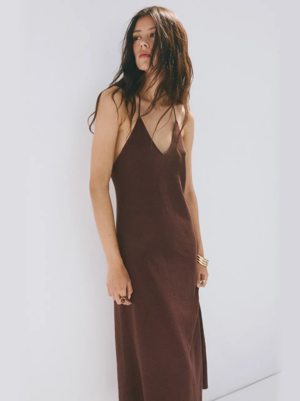 Mango maxi jurk met kraaltjes en linnen - bruin, foto 3