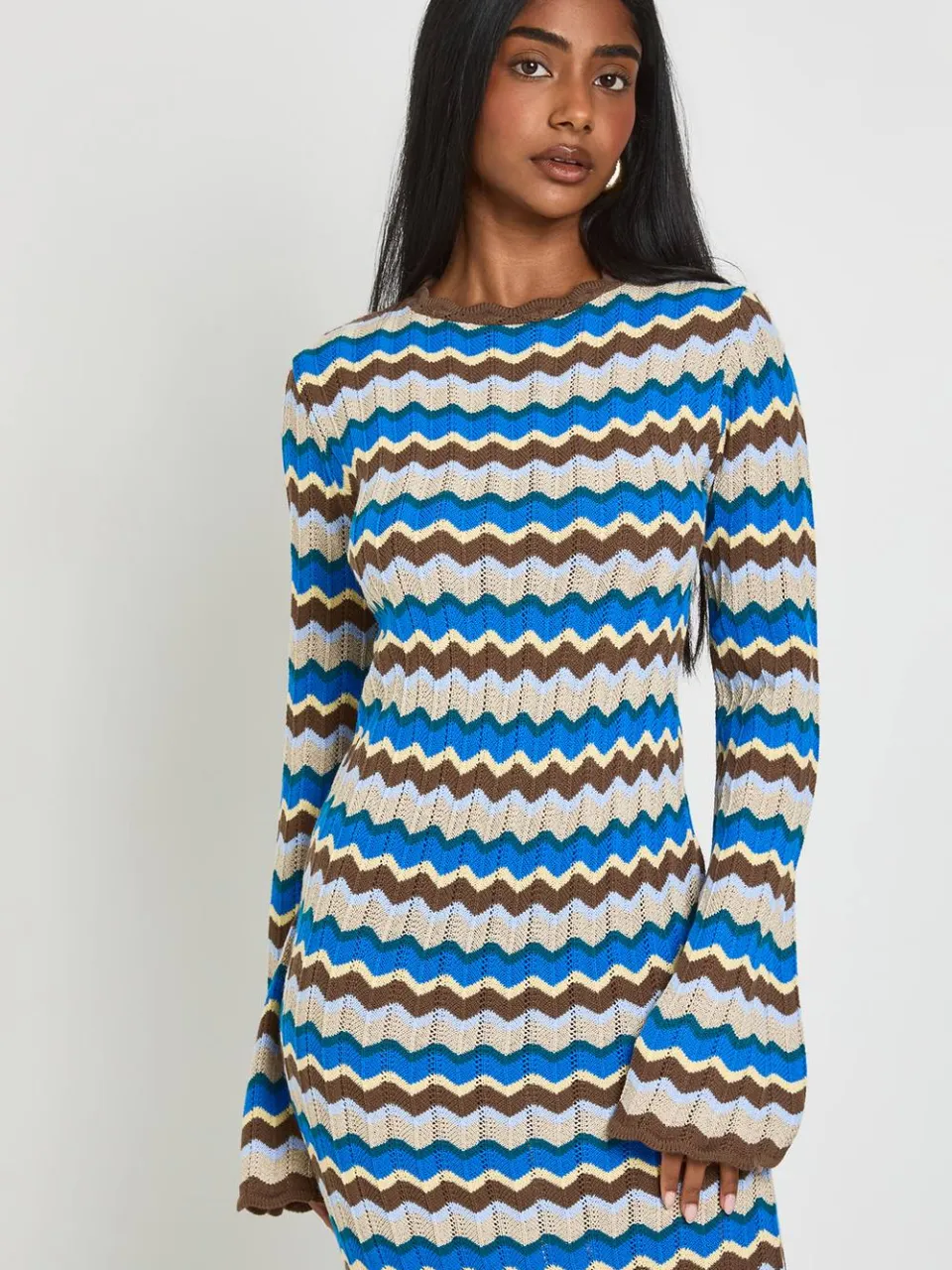 boohoo Dames Gebreide Gestreepte Maxi Jurk Met Lange Mouwen blauw, foto 2