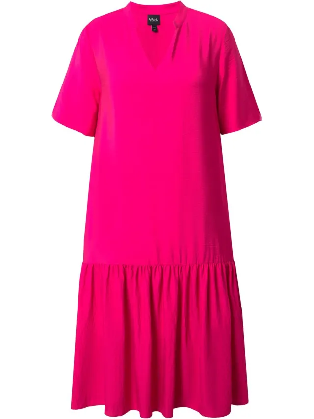 Ulla Popken Dames - Midi-jurk volantzoom A-lijn V-hals korte mouw - Roze - Maat 46+
