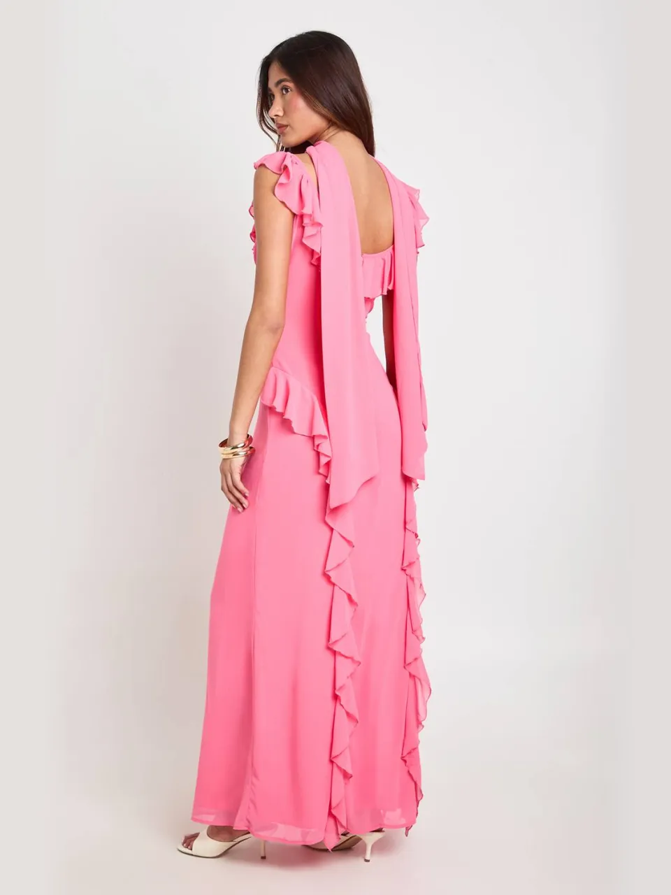 boohoo Dames Maxi Jurk Met Ruches En Sjaal roze, foto 2