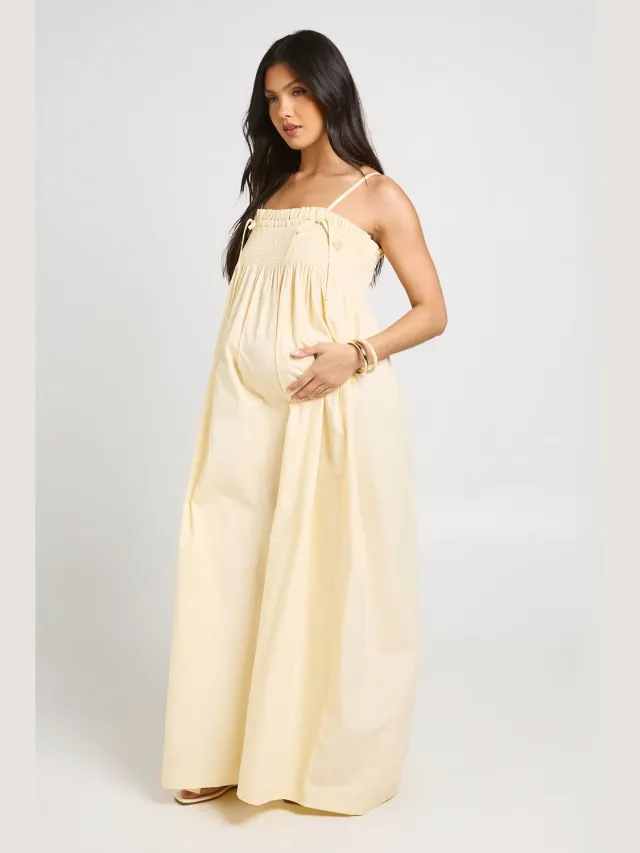 boohoo Dames Zwangerschaps Maxi Jurk Met Gerimpeld Detail Citroen