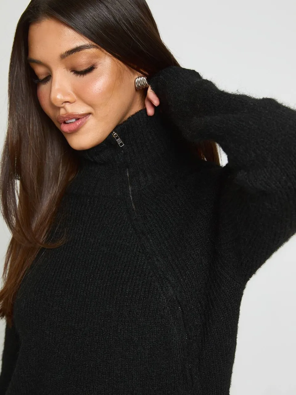 boohoo Dames Gebreide Mini-jurk Met Hoge Kraag En Ritssluiting zwart, foto 3