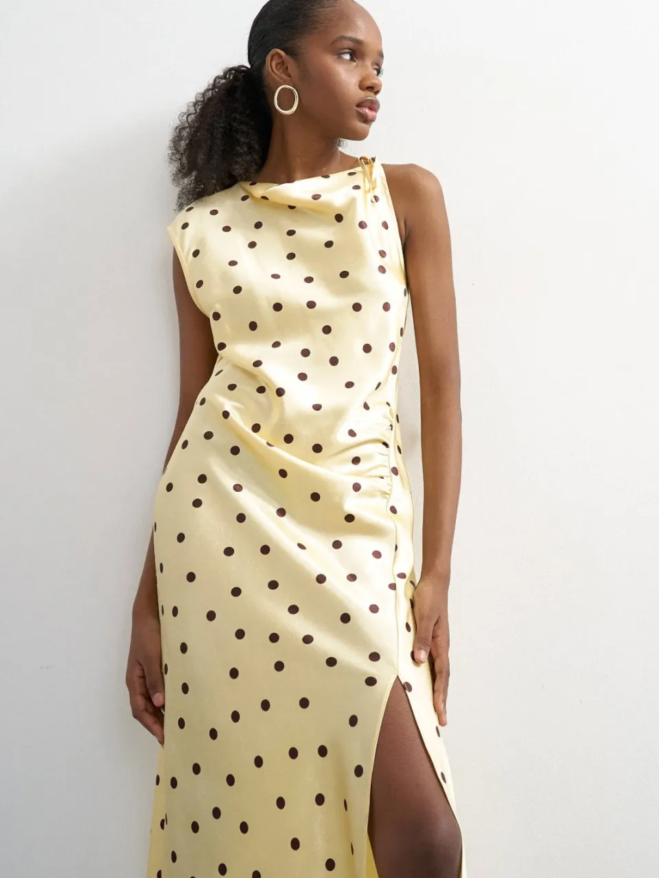 Topshop satijnen maxi jurk met stippen lichtgeel lichtgeel/bruin, foto 3