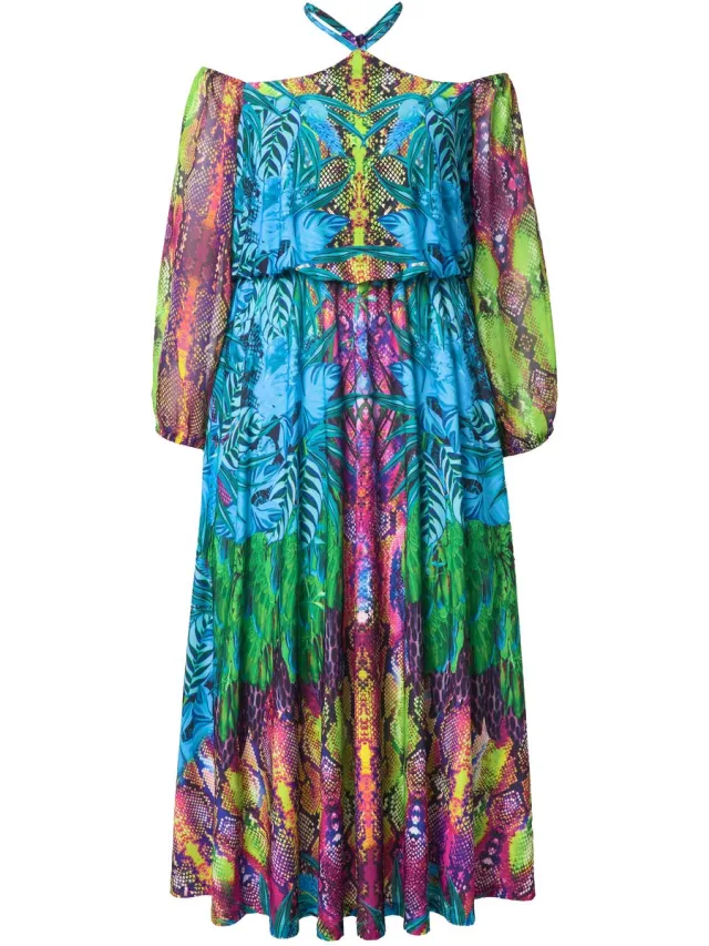 Ulla Popken Dames - Offshoulder maxi-jurk chiffon opaque onderjurk - Zwart
