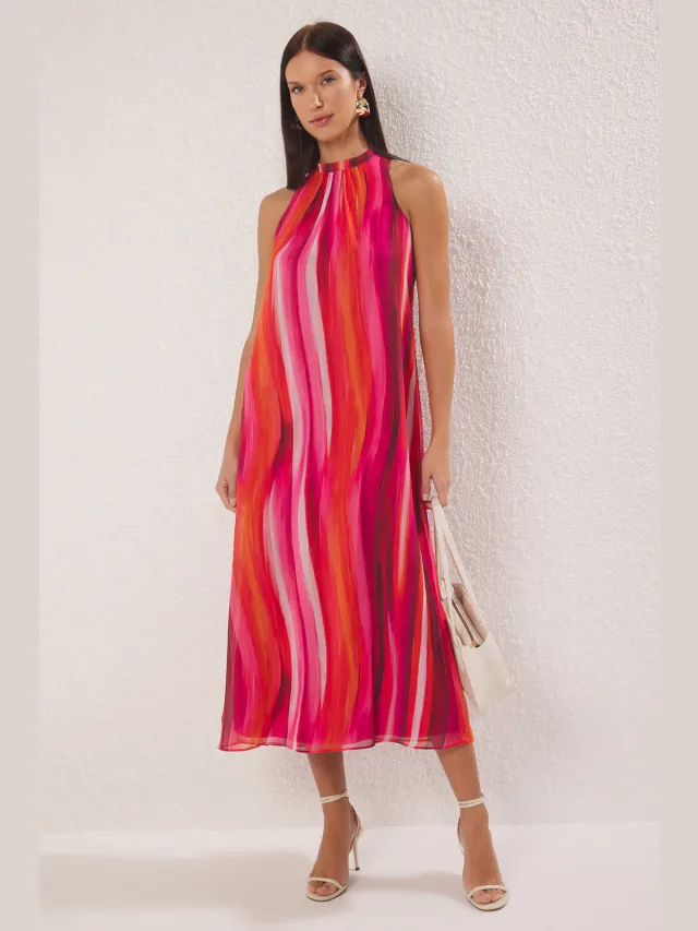 Trendyol TRENDYOLMİLLA Dames Roze Abstract Maxi Mouwloos Avond / Dagelijks Recht Jurken