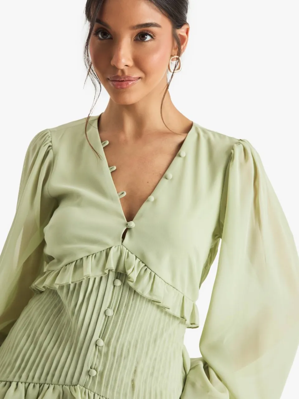 boohoo Dames Chiffon Mini Jurk met Lange Mouwen en Geplooide Taille verstandig, foto 2