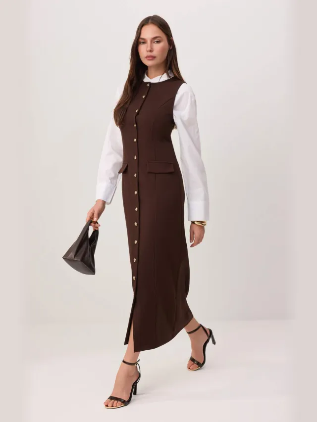 Trendyol Modest Dames Bruin Effen Maxi Mouwloos Casual Recht Modest Jurken