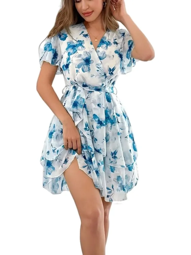 RedParrot Zomer Jurk - Wit - Blauw - Bloemen