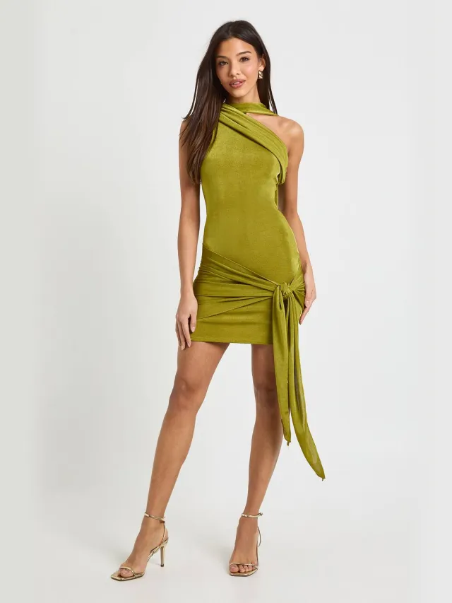 boohoo Dames Asymmetrische wikkel-mini-jurk in slinky-stijl Olijf