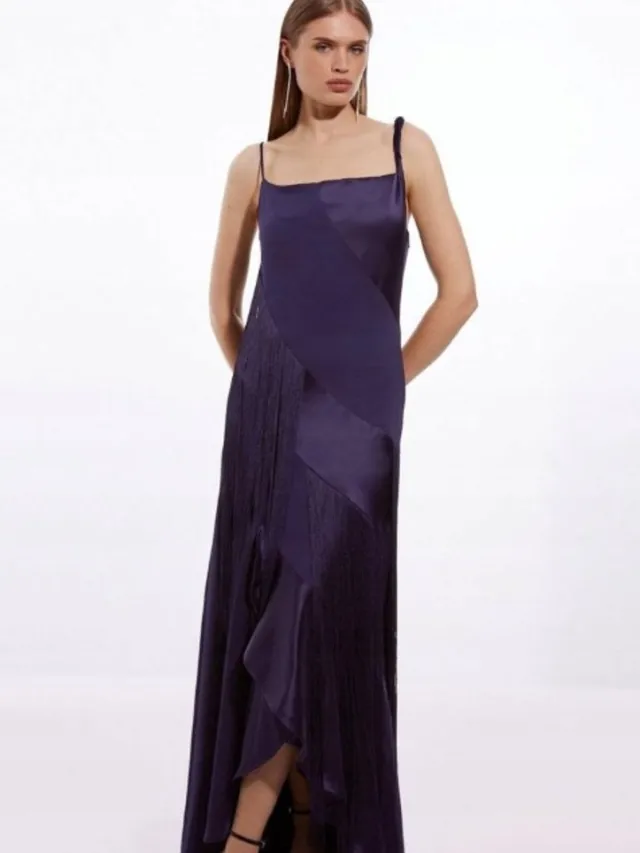 Karen Millen Maxi Jurk - Navy - Falbanen - Franjes