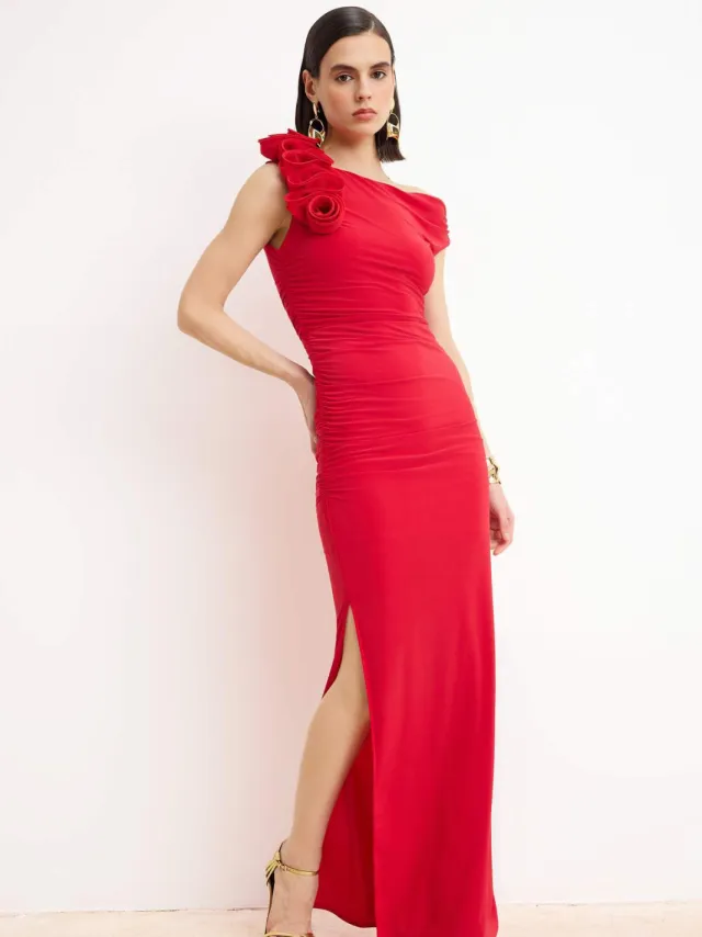 Turkishsouq Platte, mouwloze maxi-jurken voor dames met vismotief, geschikt voor avond- en gala-avonden. Rood