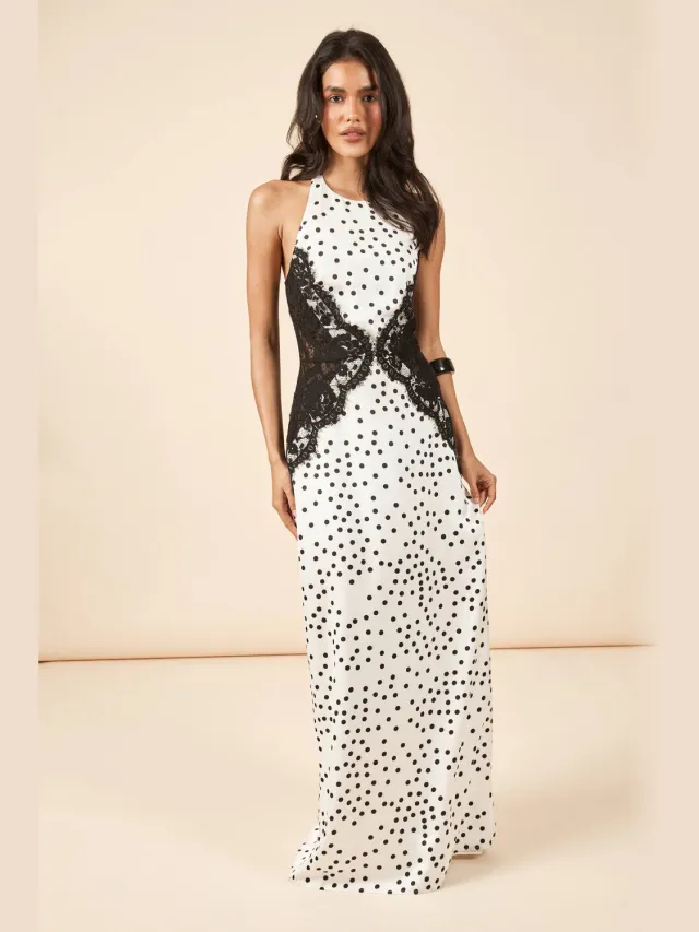 boohoo Dames Polkadot Satijn & Kant Contour Paneel Maxi Jurk Ivoor
