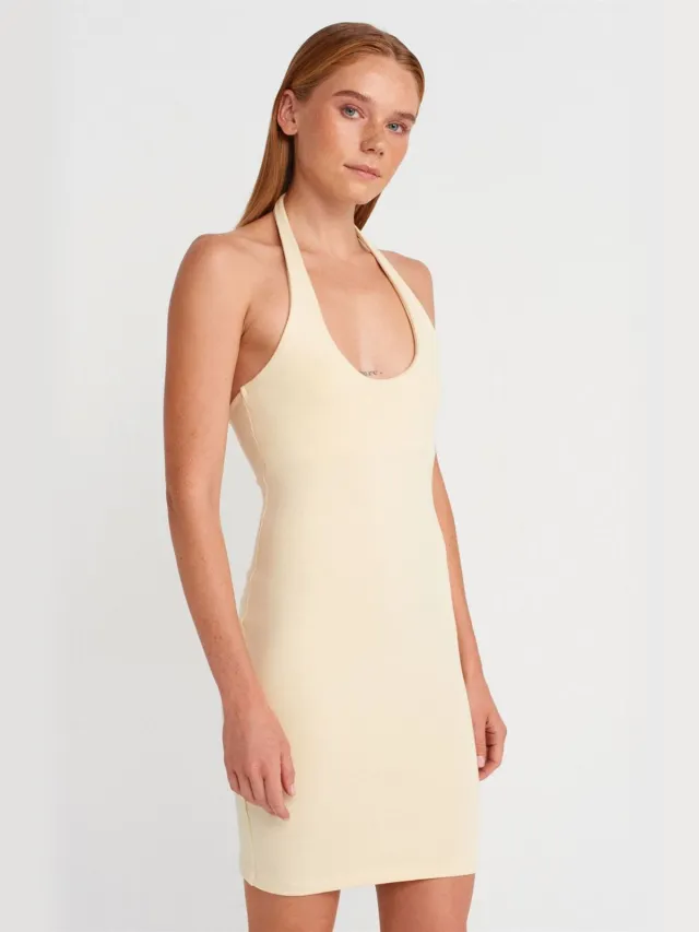 Dilvin Geribbelde bodycon minijurk Crème