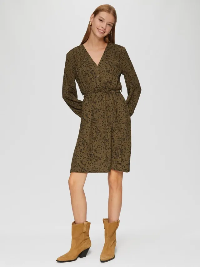 QS female - Korte crêpe jurk met een all-over print olijfgroen