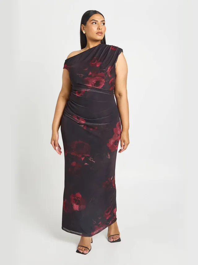 boohoo Dames Plus Bloemen Mesh Asymmetrische Maxi Jurk Zwart
