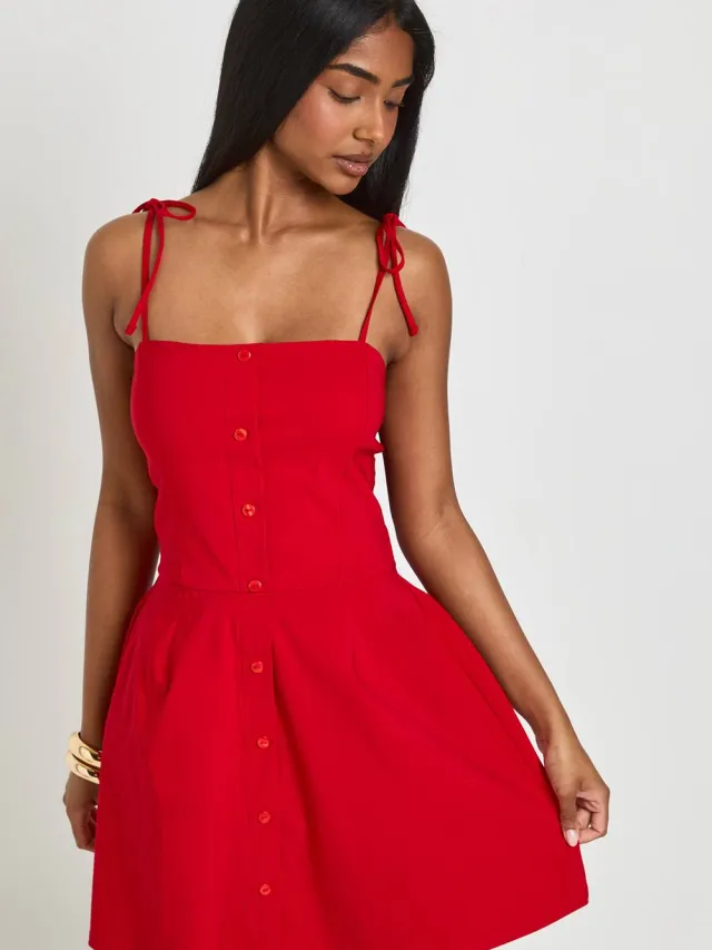 boohoo Dames Bengaline Doorknoop Cami Jurk rood, foto 3