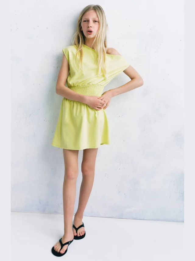 Mango Kids jurk met smockwerk limegroen