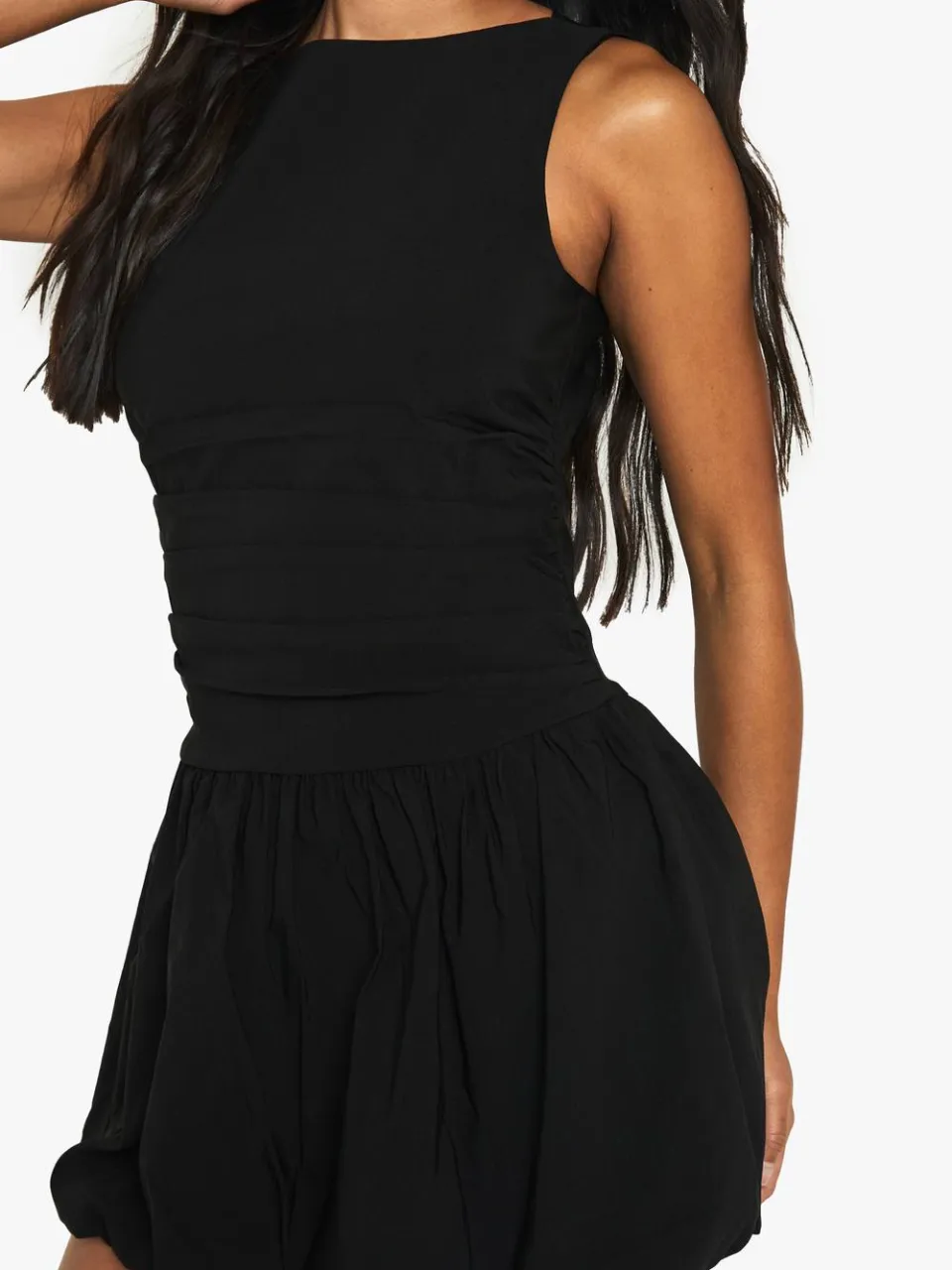 boohoo Dames Op maat gemaakte Slash Neck Puff Ball Mini-jurk zwart, foto 4