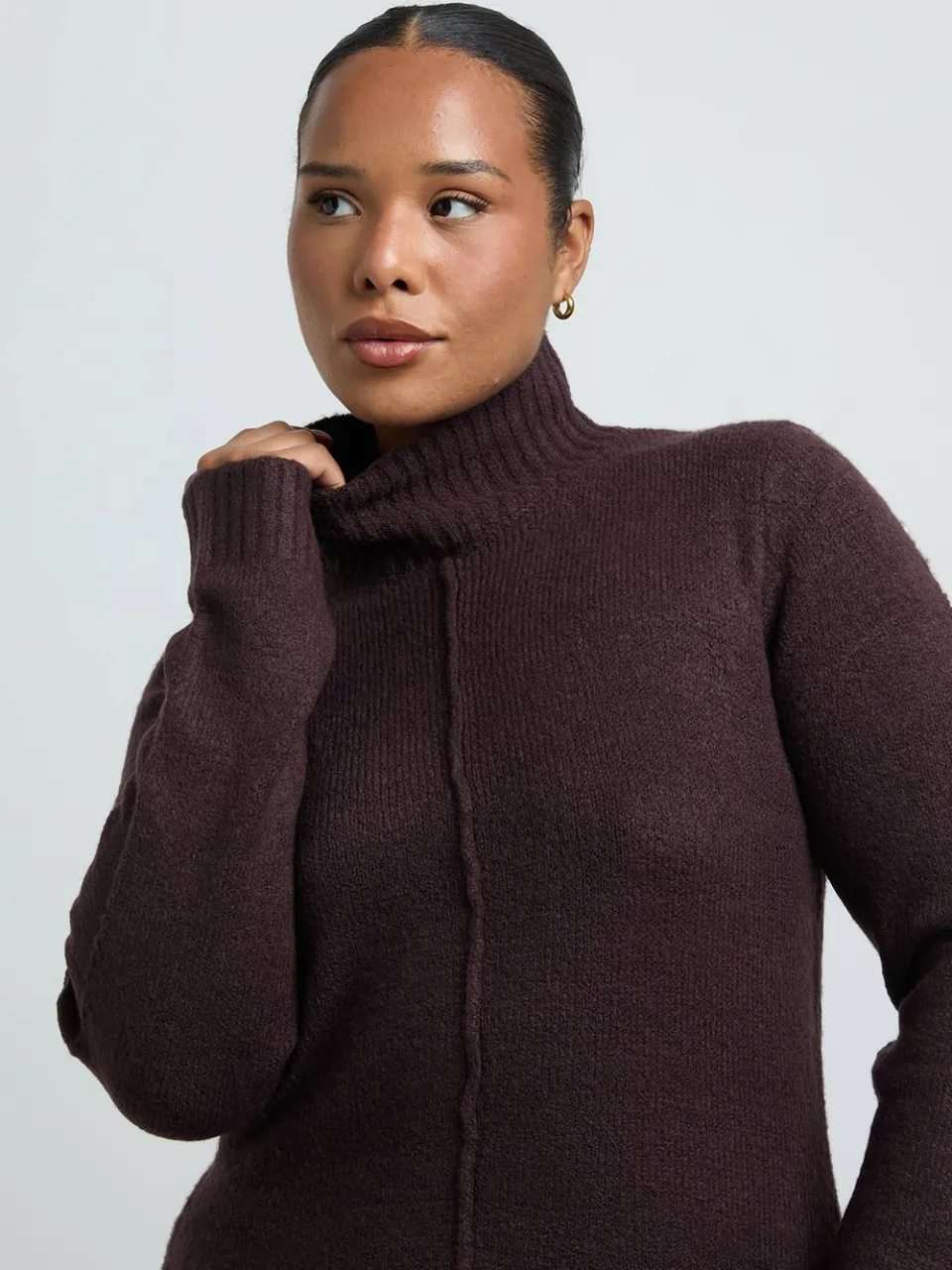 boohoo Dames Plus Hoogsluitende Gebreide Mini Trui-jurk Met Naaddetail chocoladebruin, foto 4