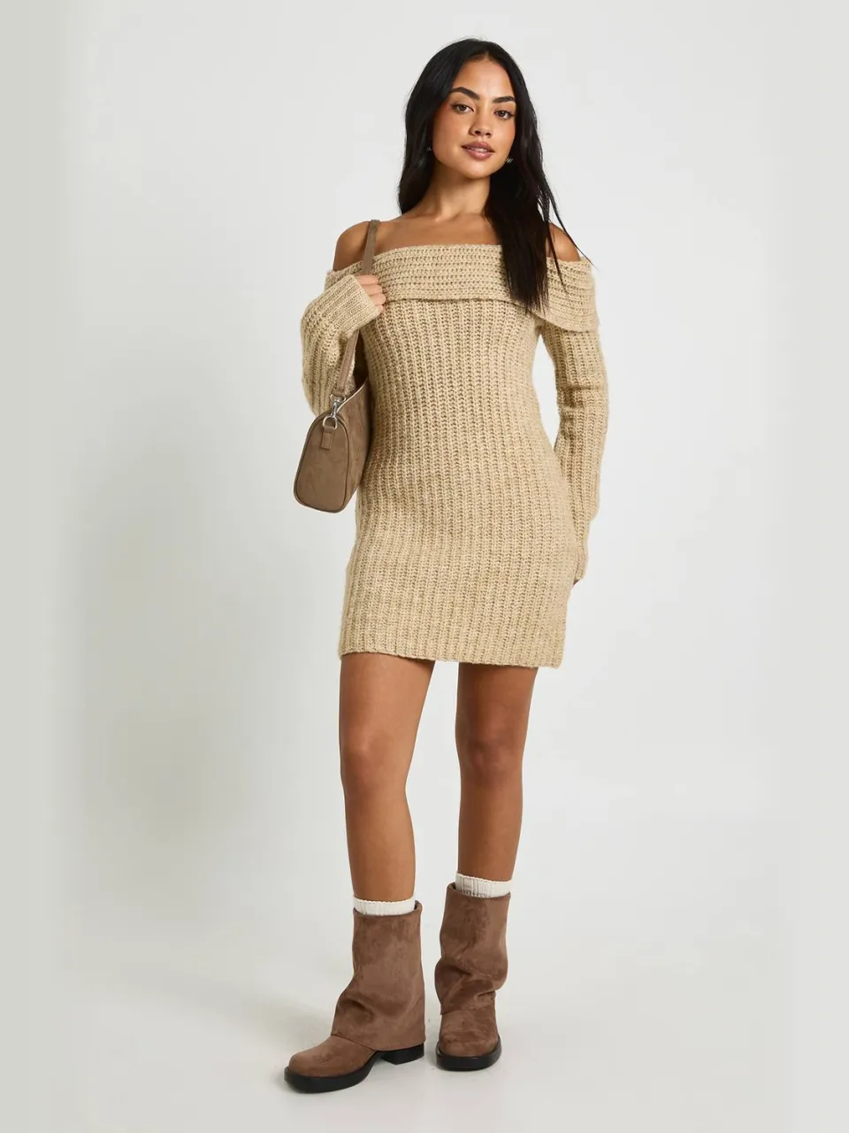 boohoo Dames Chunky Gebreide Bardot Mini Jurk crème, foto 3