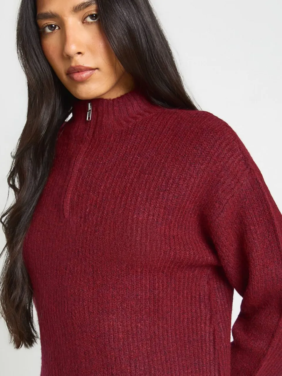 boohoo Dames Lange Zachte Gebreide Oversized Trui-jurk Met Ritskraag bordeaux rood, foto 4