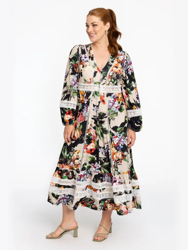 Yoek Jurk met kant BOUQUET | Bruin