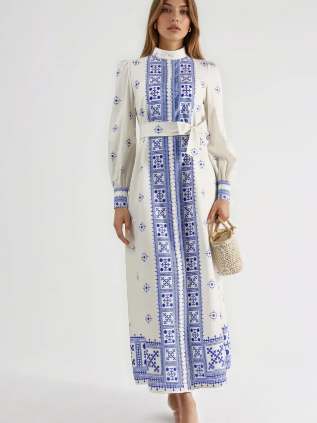 MSN Collection Mandarijnkraag Geometrisch Gepaneeld Maxi-jurk Blauw
