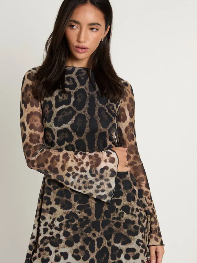 boohoo Dames Leopard Mesh Flare Mouw Mini Jurk Bruin