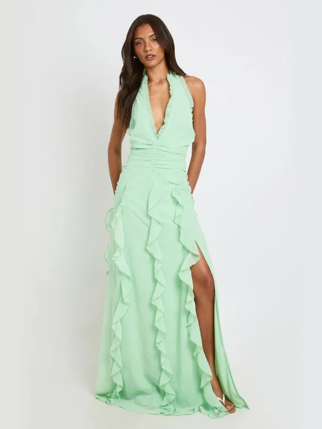 boohoo Dames Lange Chiffon Maxi Jurk Met Ruches Detail En Halternek Munt
