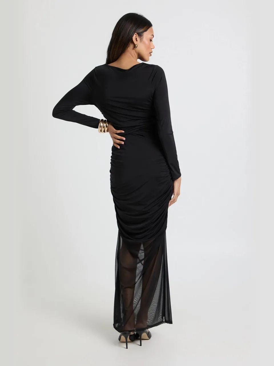 boohoo Dames Zwangerschaps Geplooid Lijfje en Mesh Rok Maxi Jurk zwart, foto 3