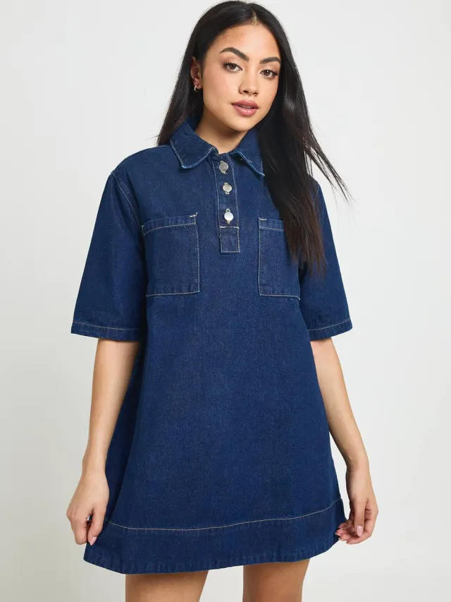 boohoo Dames Denim Jurk Met Korte Mouwen Indigo