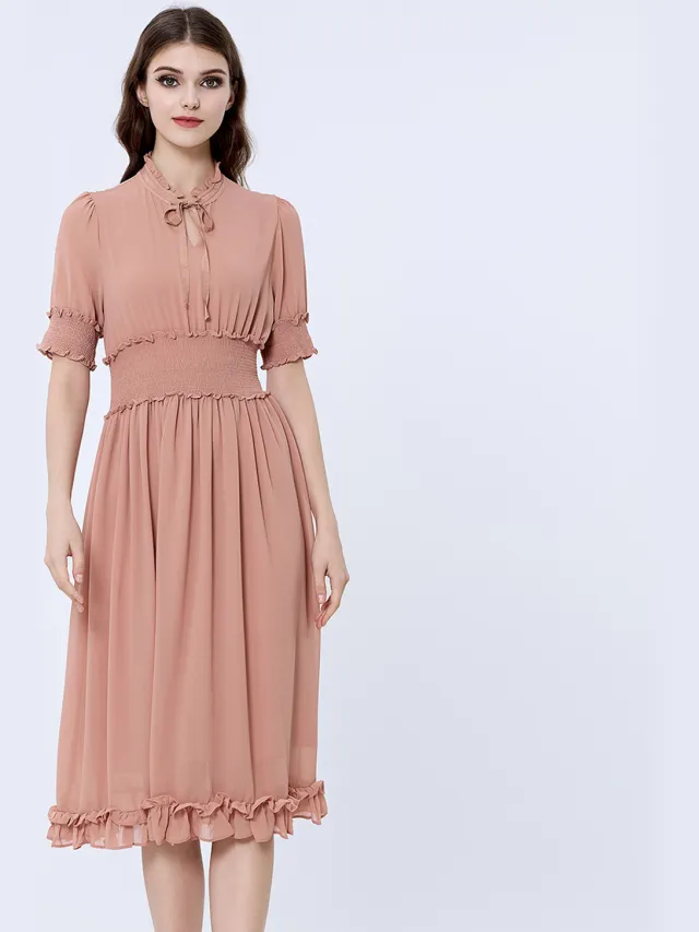 S&J Weekends Chiffon -jurk met korrels en kleine ruches Zalmroze