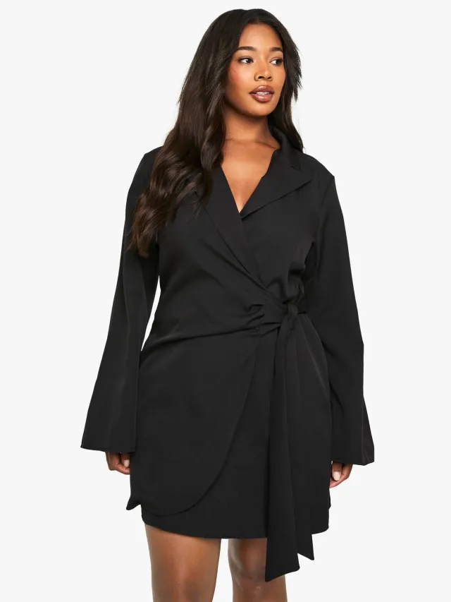 boohoo Dames Plus Blazerjurk met gebonden taille op maat Zwart