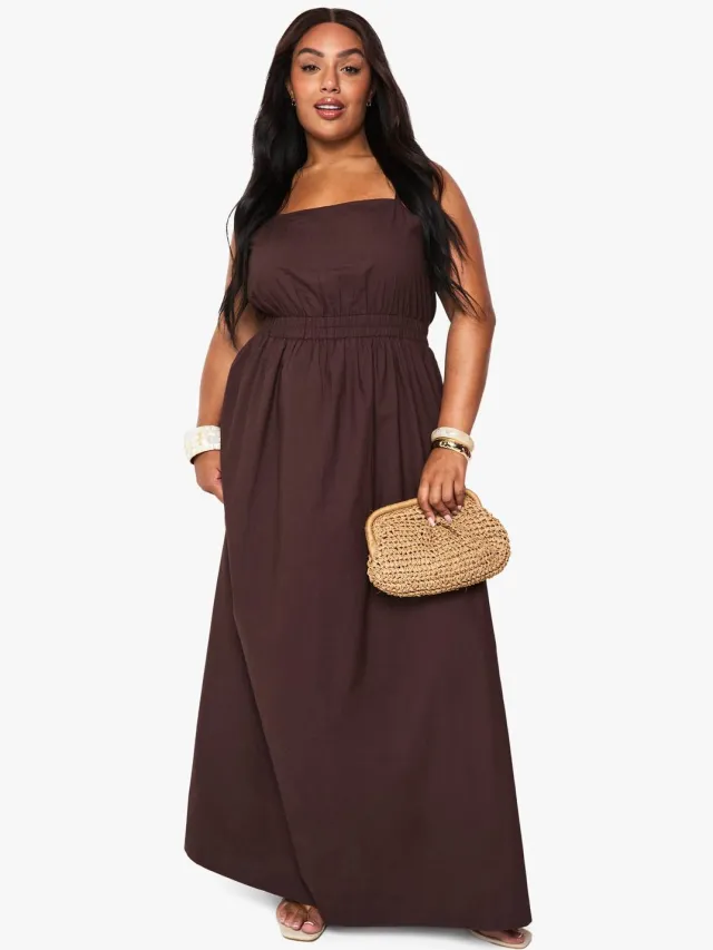 boohoo Dames Plus Katoen Poplin Midaxi Jurk Chocoladebruin