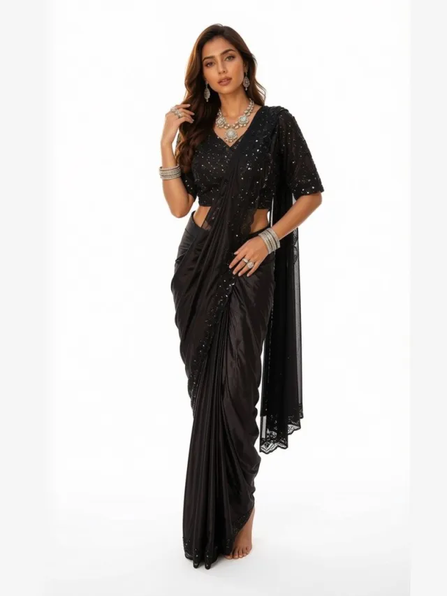 Simhera Threads Elegant Black Sequin Saree with Matching Embellished Blouse | Premium Party Wear, Evening Wear & Reception Saree for Women