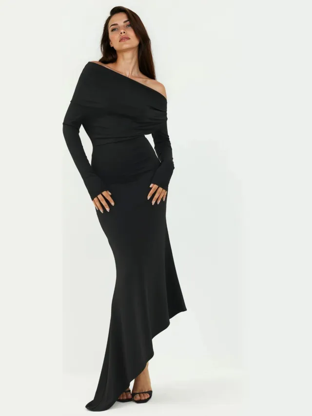 Hiccup Elegante Bodycon Maxi Jurk met Boothals Zwart