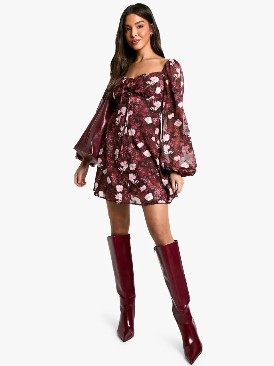 boohoo Dames Floral Blouson Sleeve Skaterjurk merlot, foto 2