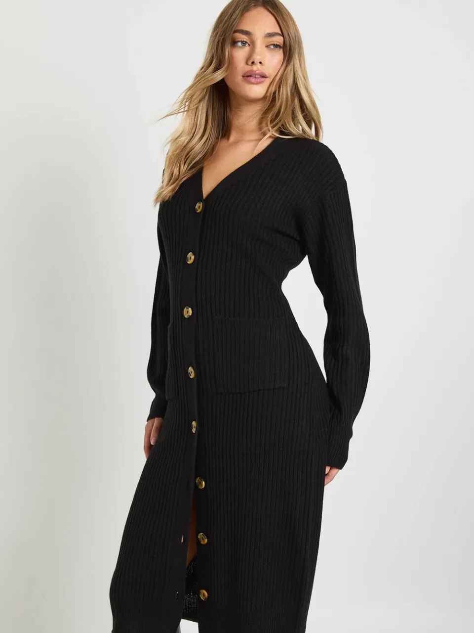 boohoo Dames Zacht gebreide midi-jurk met knoopdoorloop zwart, foto 3