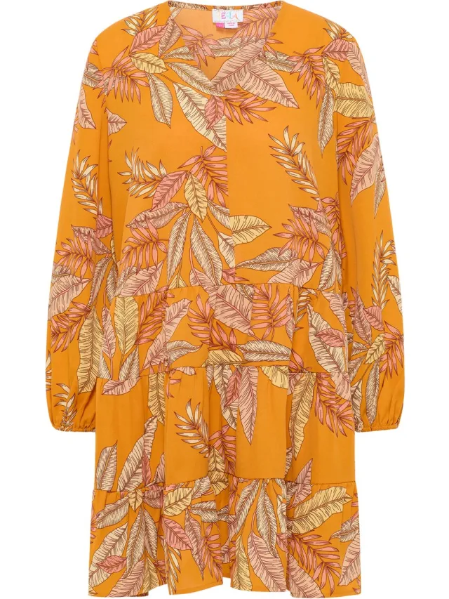 IZIA jurk met lange mouwen oranje veelkleurig