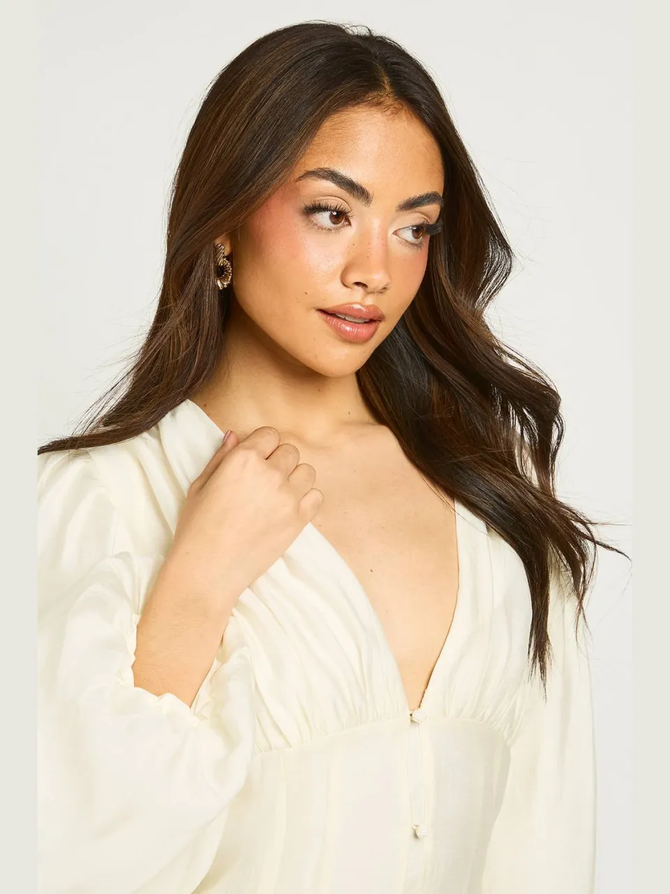 boohoo Dames Getextureerde Mini-jurk Met Volumineuze Mouwen En Verlaagde Zoom ivoor, foto 4
